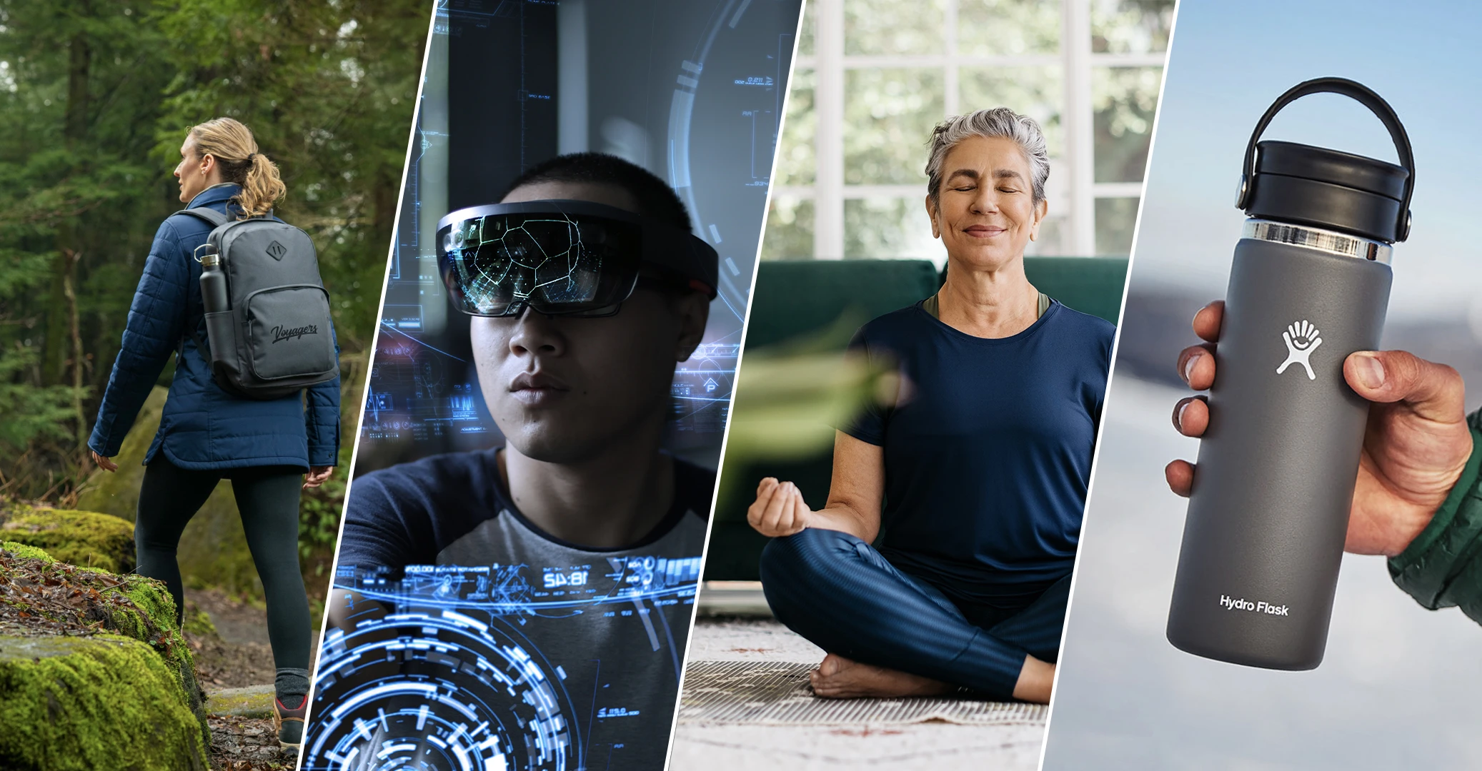 2023 hottest branded merchandise that is trending includes valuable, everyday items such as a backpack, tech products such as VR goggles, comfort items such as a yoga mat, and sustainable products such as a Hydro Flask water bottle.