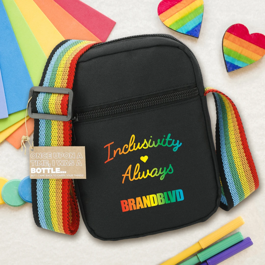 A company-branded rainbow crossbody bag that also looks like a fanny pack is a fun lifestyle item to give to employees or clients to show their commitment to supporting the LGTBQ+ community and upholding corporate social responsibility standards.