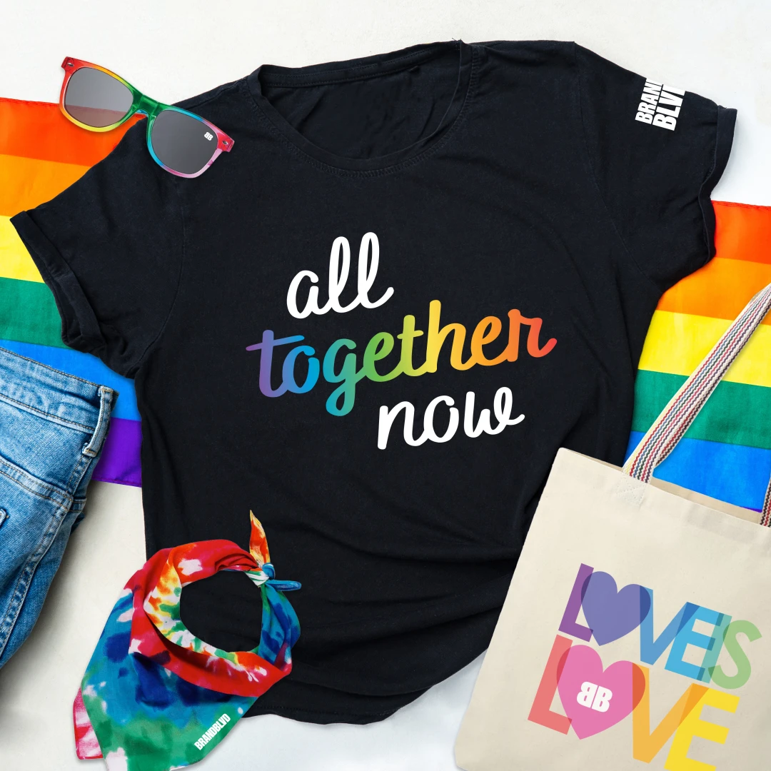 A corporate branded merchandise black tee with a fun, unique rainbow design shows off that your company genuinely supports and celebrates the LGTBQ+ community through both promotional items and company policies and practices.