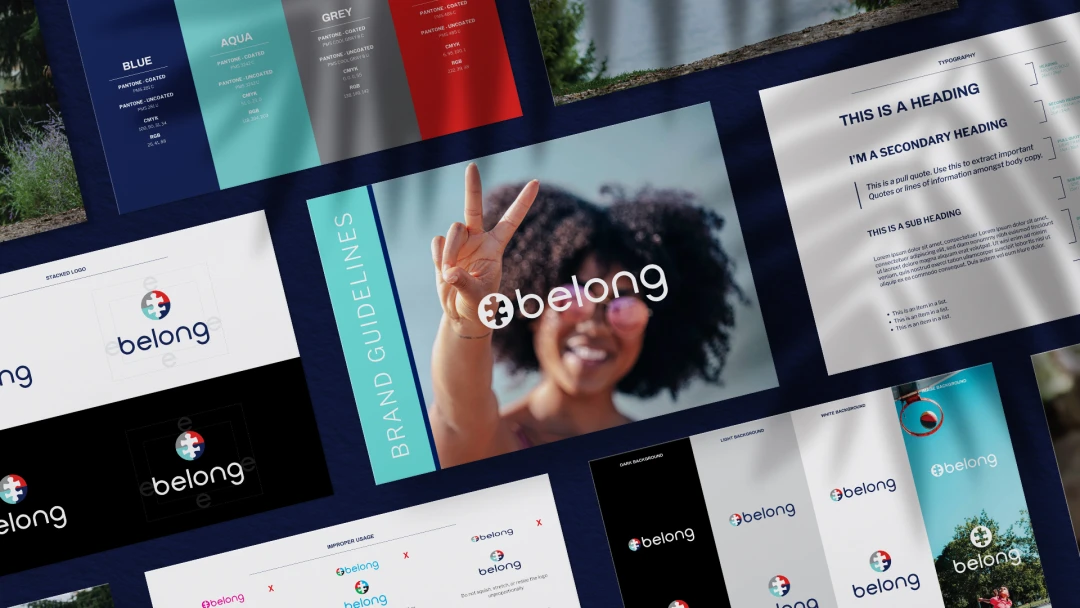 Brand identity guidelines designed by Brand Blvd for Canadian branded apparel company, Belong, showing branding consistency, logo design, and colour scheme to help build a successful brand strategy.