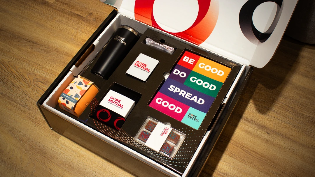 Gore Mutual brand launch kit featuring branded products and a custom fit insert.