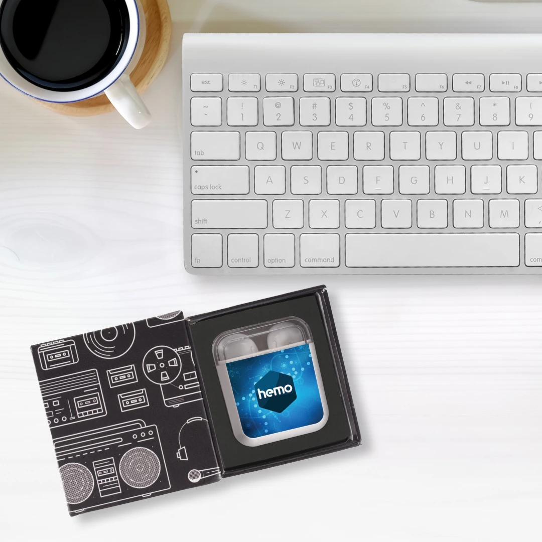 Wireless earbuds dupe for popular Apple Air Pods. Includes Voice Assistant Activation and premium packaging. This cost-effective option from Brand Blvd is an example of trending swag that can be branded with your business logo to impress brand ambassadors.