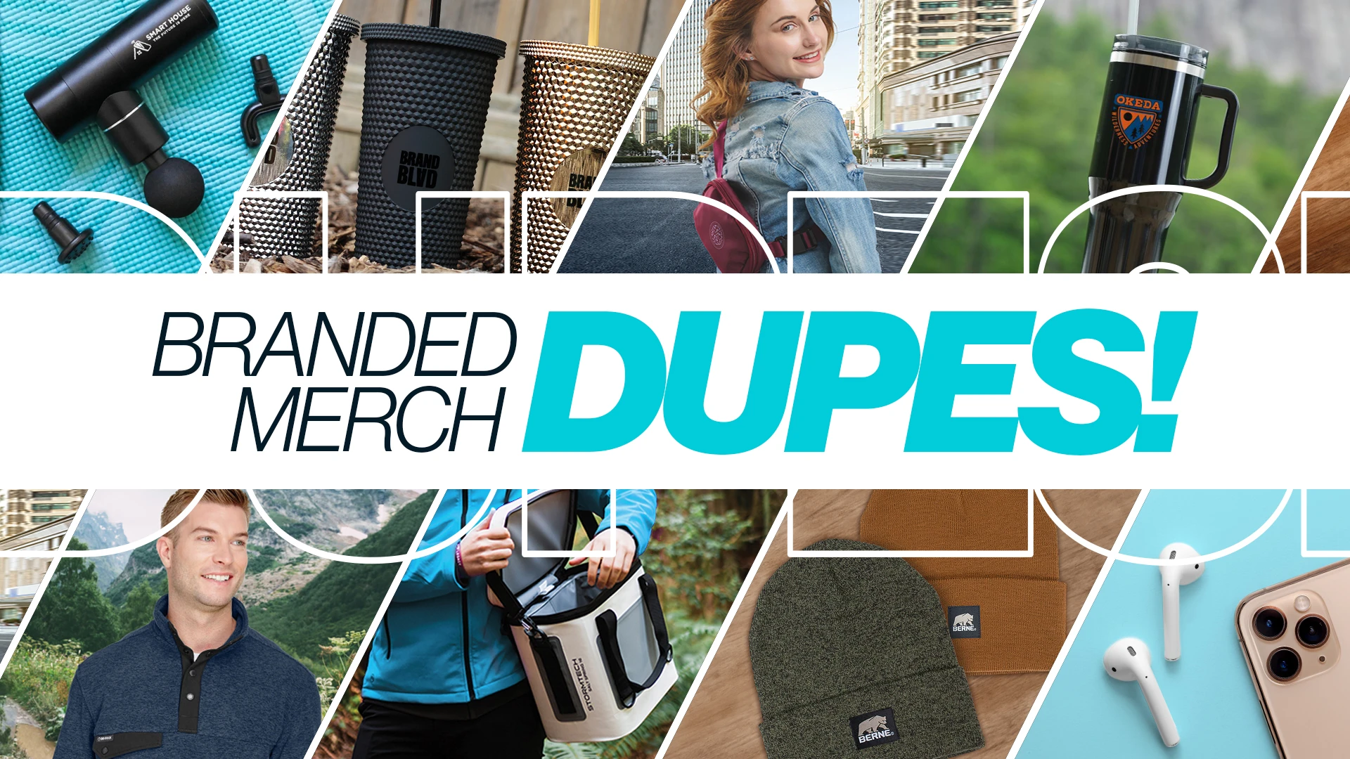 An assortment of trending merch dupes, inspired by favourite products popular on TikTok and social media. These budget-friendly custom-branded merchandise alternatives from Brand Blvd will help businesses generate buzz, engagement, and cost savings.