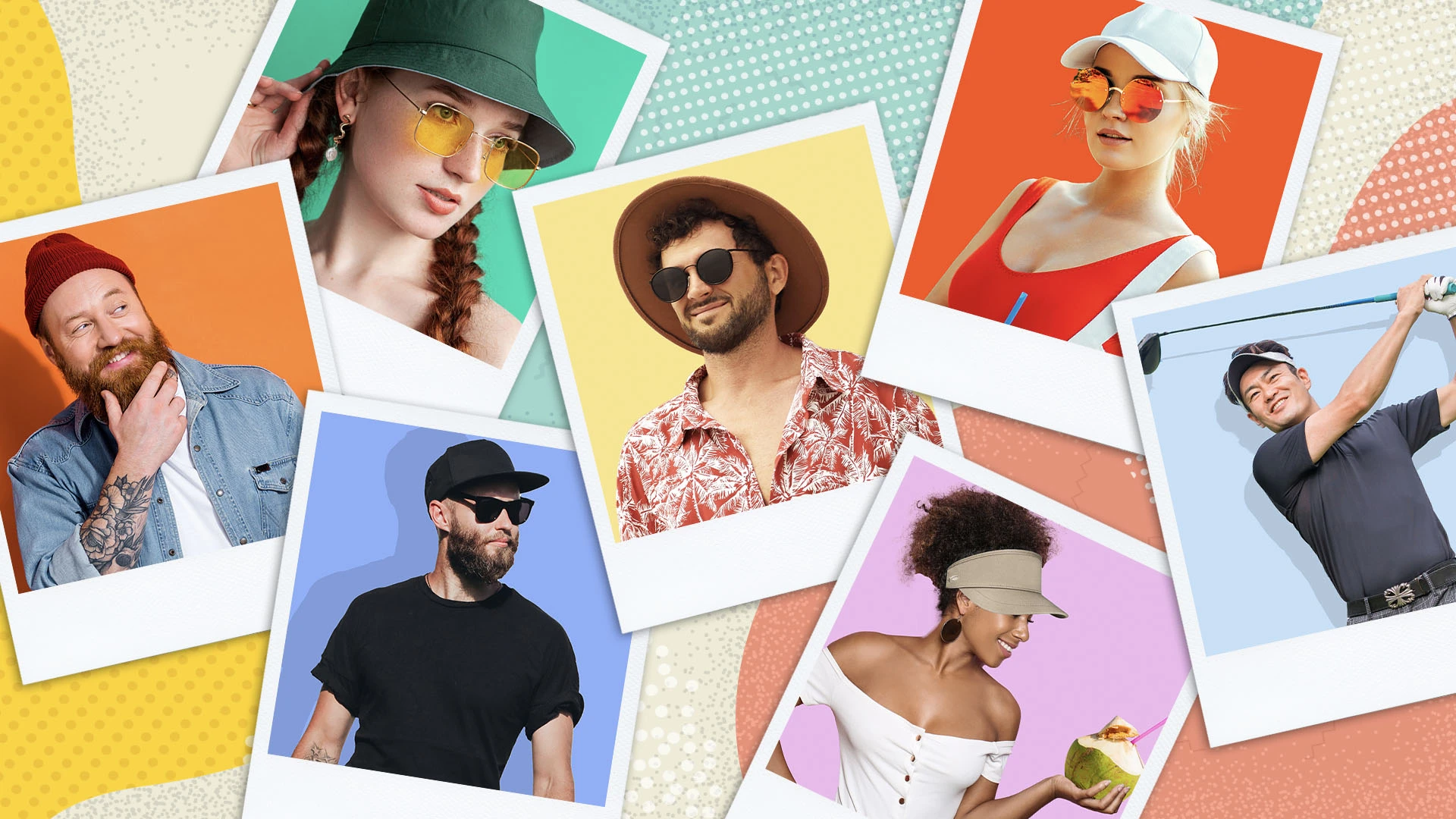 A colourful collage of photos of young people wearing different hats that match their personality. 