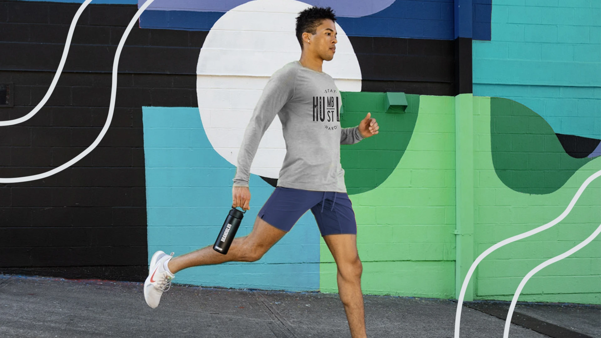 Active employee jogging outdoors with an eco-friendly CamelBak water bottle. An example of promotional products by Brand Blvd that promote workplace wellness.