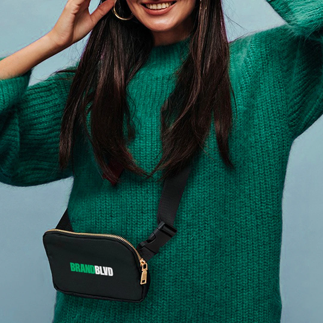 Retail-inspired, trendy, high-quality crossbody belt fanny pack with high perceived value is the perfect corporate swag item used to attract and engage new youthful members and new employees to a bank, credit union, payroll or loan company. 