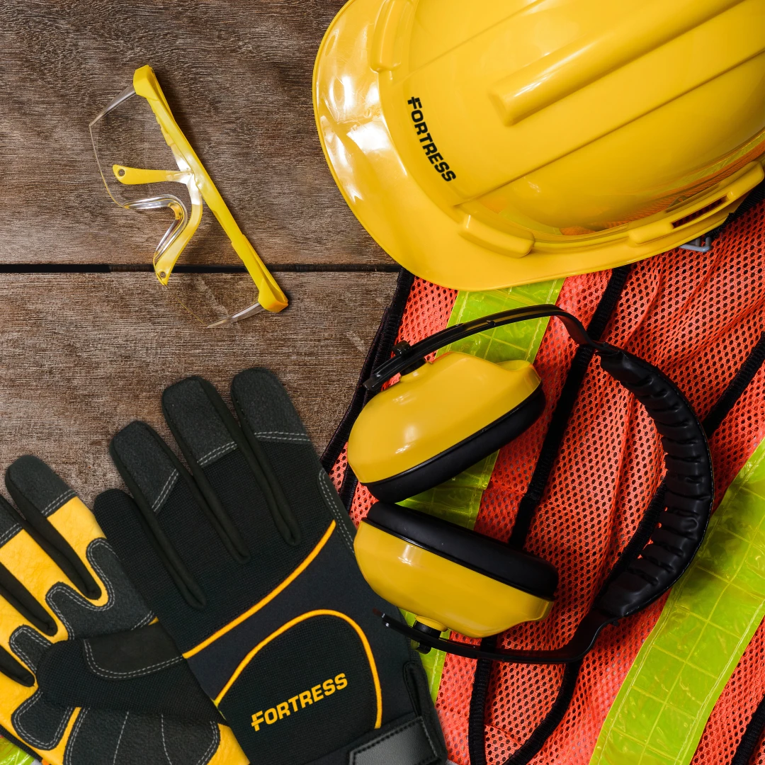 Top-quality branded PPE on wood background - safety glasses, hard hat, noise-cancelling earmuffs, work gloves, and a mesh safety vest. Premium safety gear branded with your company logo ideal for manufacturing, industrial, and warehouse settings.