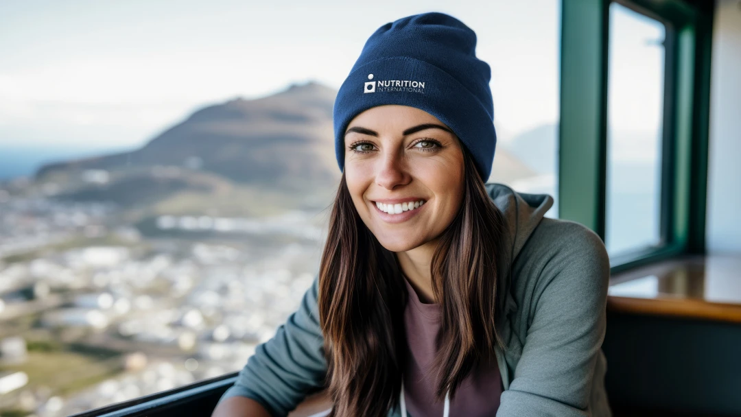 An employee wearing a toque branded with the Nutrition International not-for-profit agency logo. An example of quality merch that helps non-profits achieve their goals in fundraising, awareness, helping communities thrive and positive impact. 