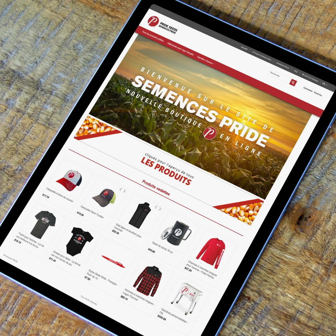 An Ipad with bilingual online rewards website, full of creative branded merchandise, including custom-branded hats, pens, drinkware, apparel, and much more.