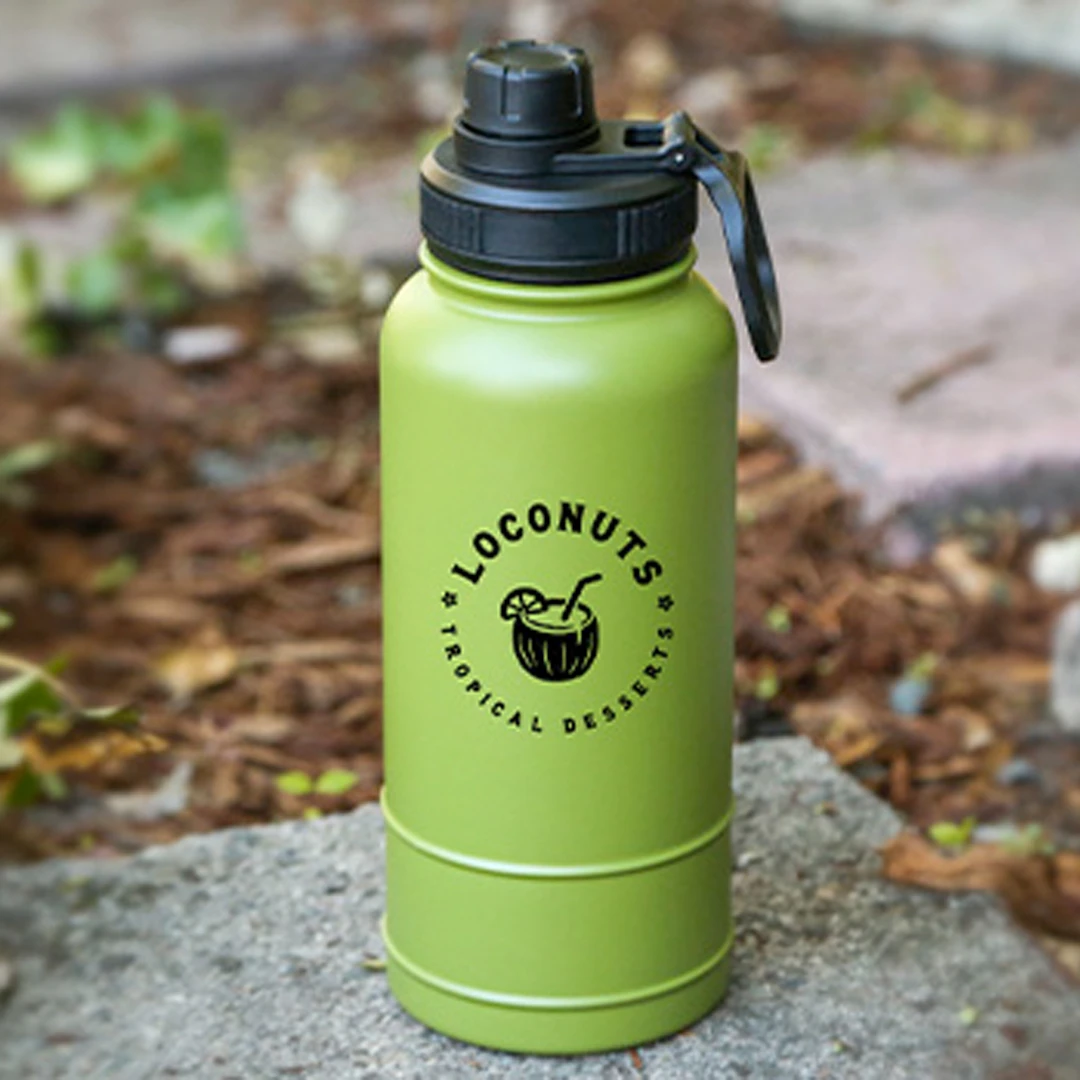 A large 32oz stainless steel water bottle branded with a company's creative logo design.