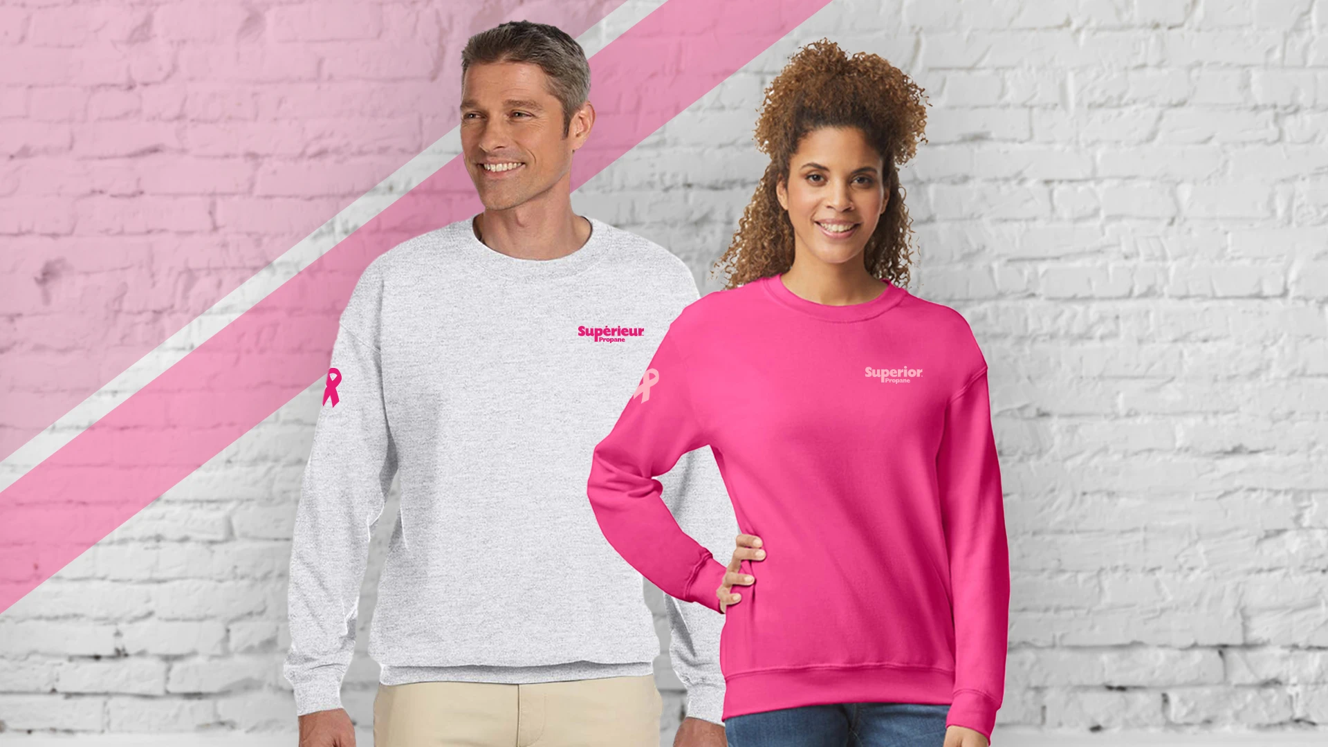 Employees wearing limited edition pink and grey crewneck sweaters, branded with the Superior Propane logo for their Breast Cancer Awareness Campaign. Sold on their online pop-up e-commerce store, created by Brand Blvd.