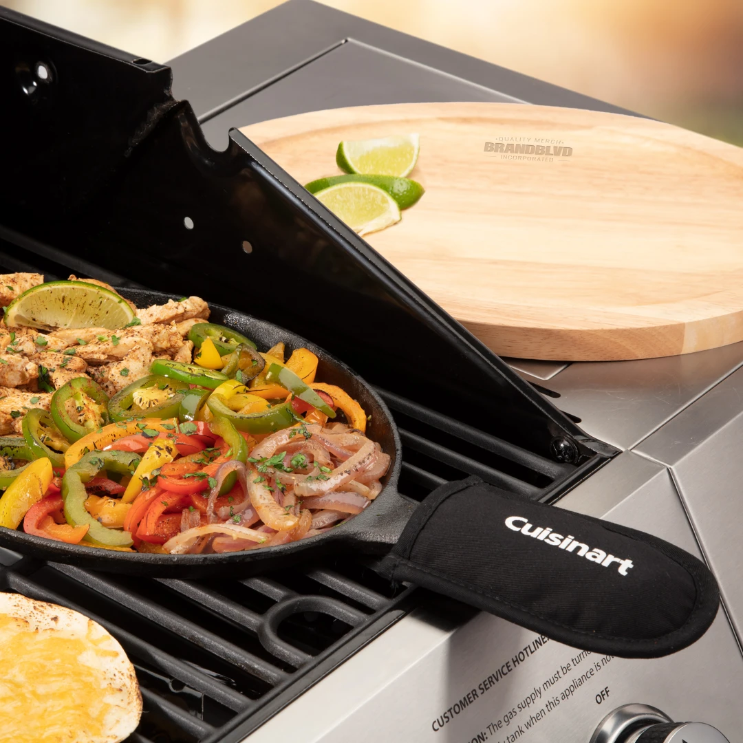 Laser engrave your company logo onto a Cuisinart Cast Iron Grill Fajita Set - a perfect high-end summer gift or giveaway for employees and clients, who will show off your unique cobranded product at every social gathering!