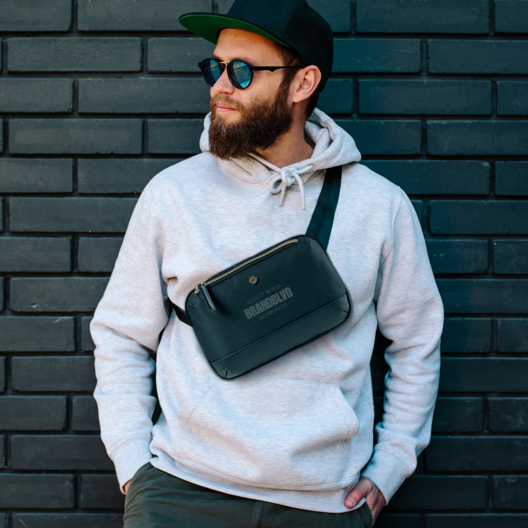 Retail-inspired, trendy, high-quality Samsonite Mobile Solution Convertible Waist Pack is worn as a crossbody belt fanny pack, looks similar to the Lululemon belt bag, and is the perfect summer corporate swag item for engaging younger employees.