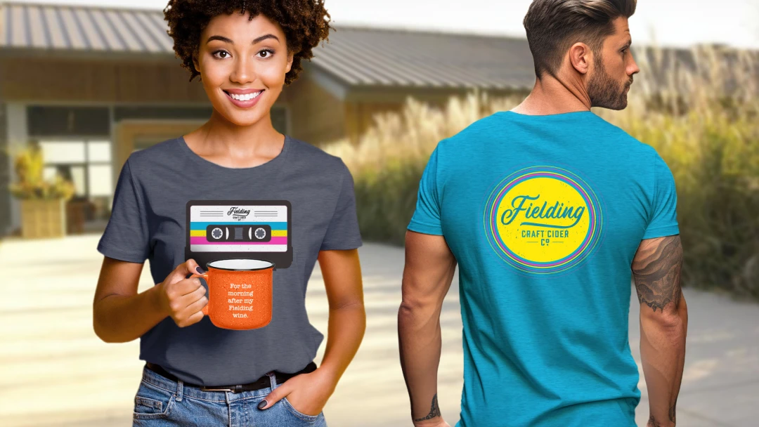Creatively designed t-shirts and camp mugs for the retail store at award-winning winery Fielding Estate. An example of unique branded souvenirs and merch from Brand Blvd for engaging tourism guests.