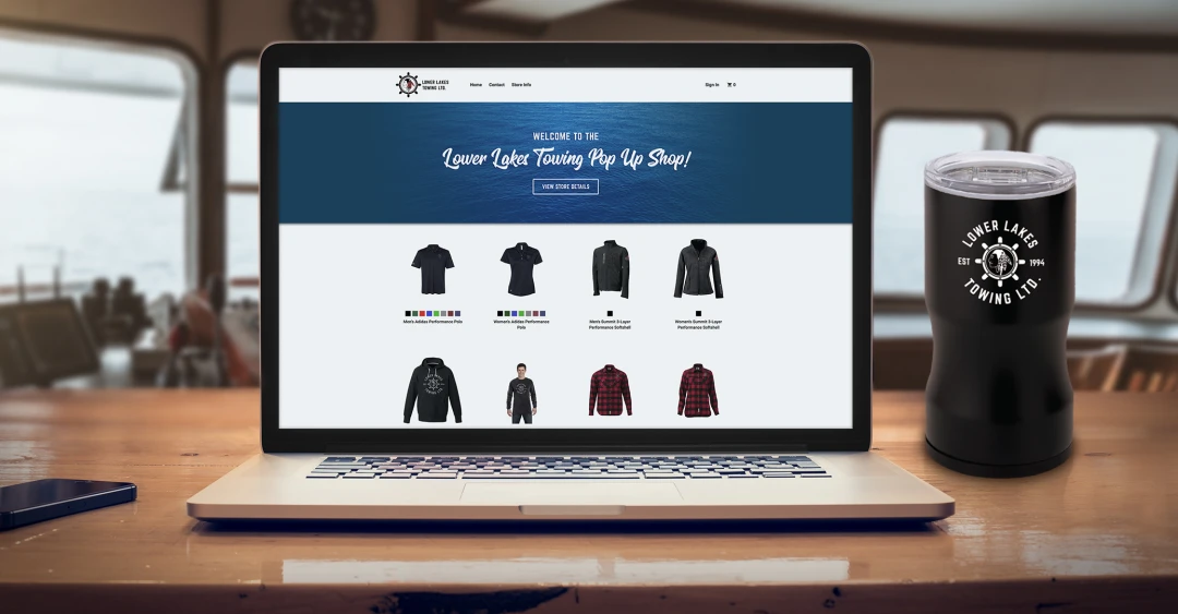 An e-commerce webstore for a transportation and logistics company acts as an online safety reward program. When employees hit safety milestones, they are given credit to redeem company-branded merch, which is the company's way of rewarding safe employees.