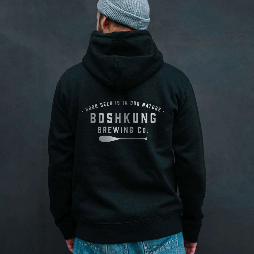 Refresh your company apparel with a unique design placement that sets it apart, capturing the attention of your corporate audience and enhancing your branded merchandise selection, such as this Boshkung Brewing hoodie.