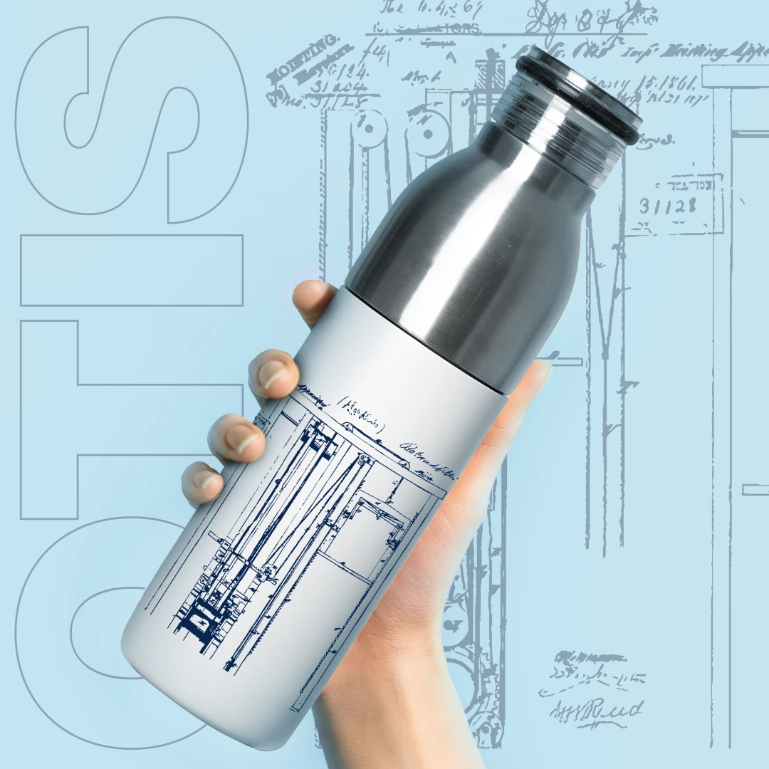 Elevate your branded drinkware with visually appealing graphics, patterns, and imagery that reflect your company's values, creating lasting impact and extending the longevity of your classic corporate merchandise, like this Otis Elevator water bottle.