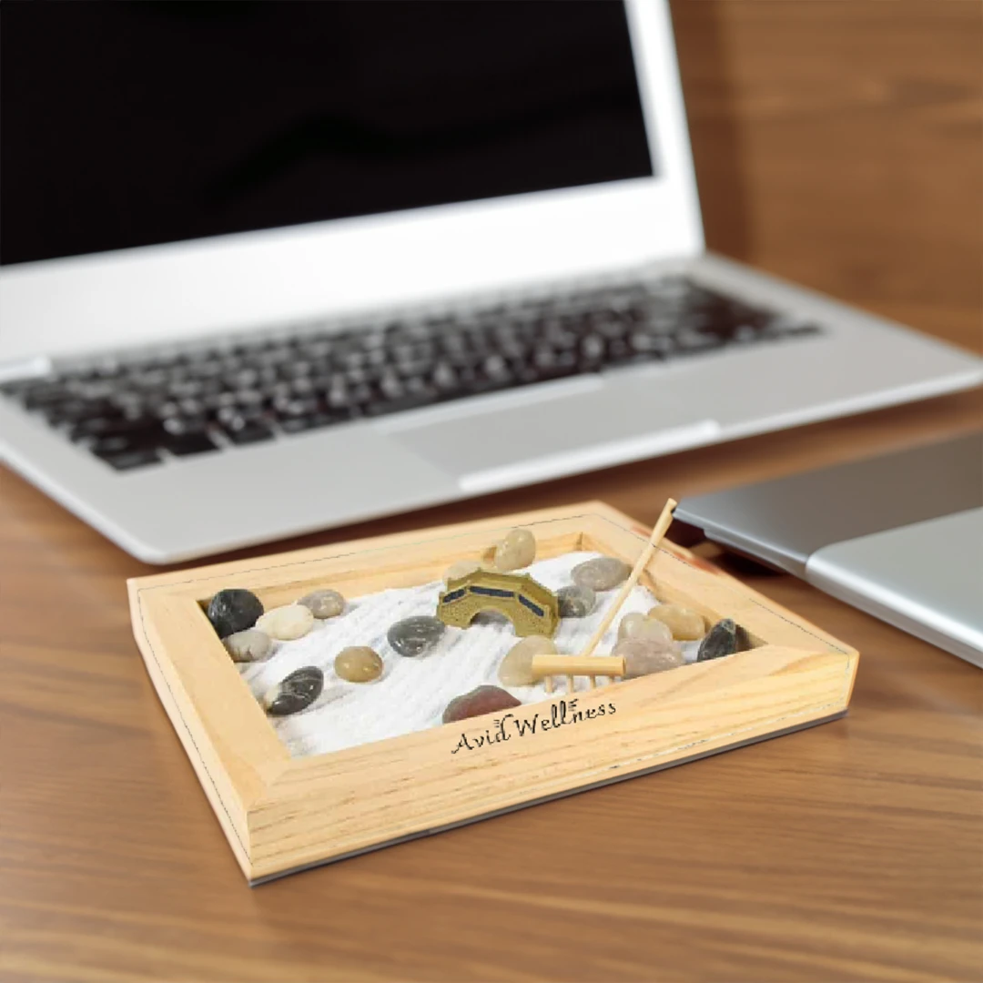 Discover Tranquility with this Zen Garden branded with your company logo. An example of unique and unusual merch and swag that promotes rest, relaxation and wellness for your employees and clients.