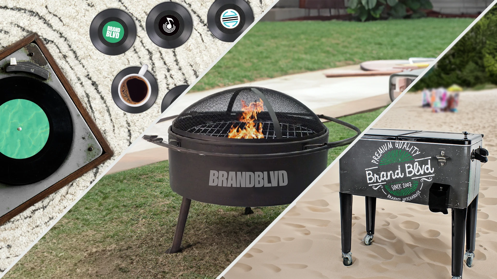 Photo collage of unique branded merch – including vinyl record coasters with a record player, a branded fire pit, and retro cooler at the beach. Creative and unusual swag collections, perfect ideas for promotional products that leave a lasting impression.