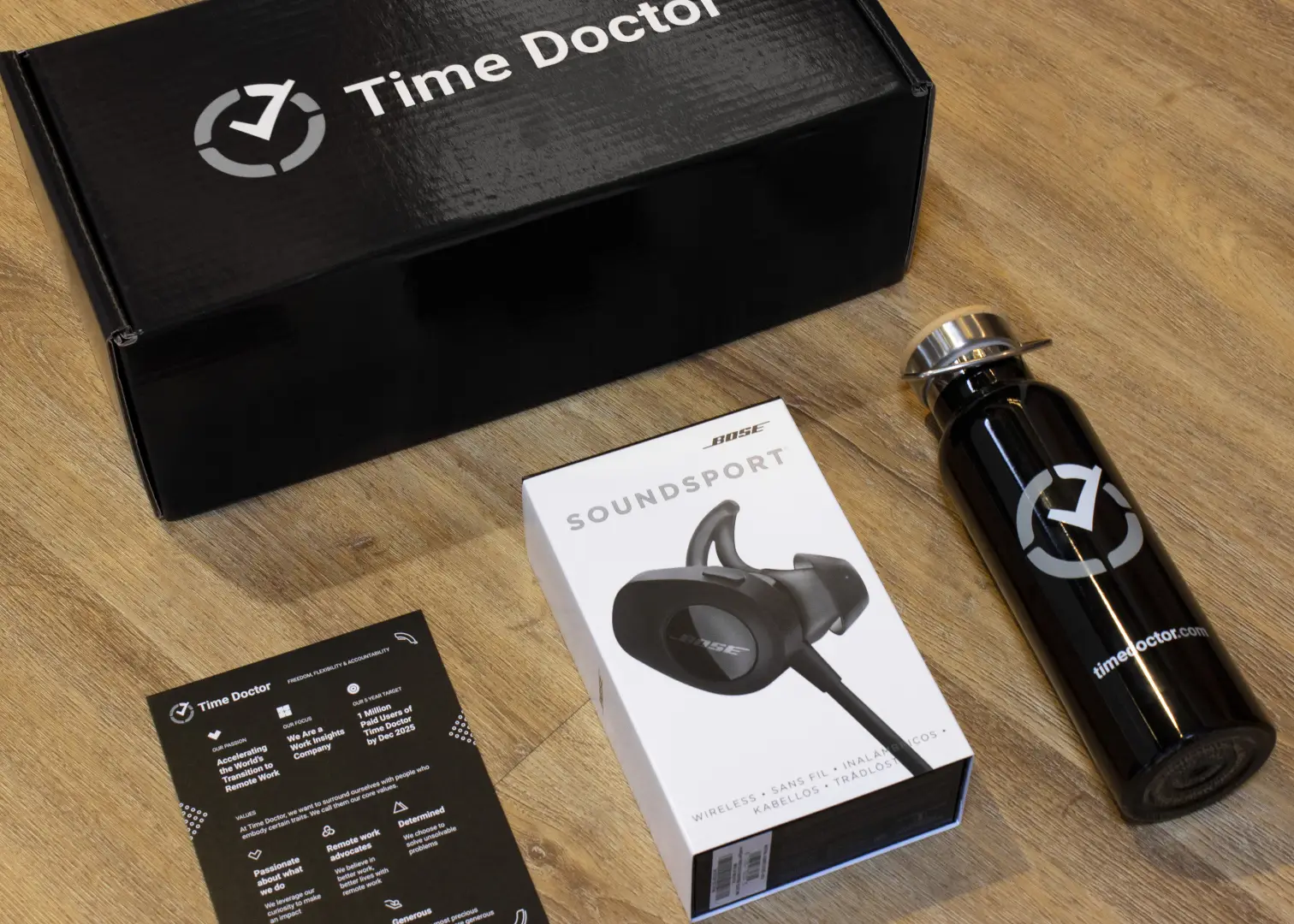 A photo of a Time Doctor swag kit. Custom printed mailer box with BOSE Sound Sport ear buds, a black metal tumbler and custom printed postcard 